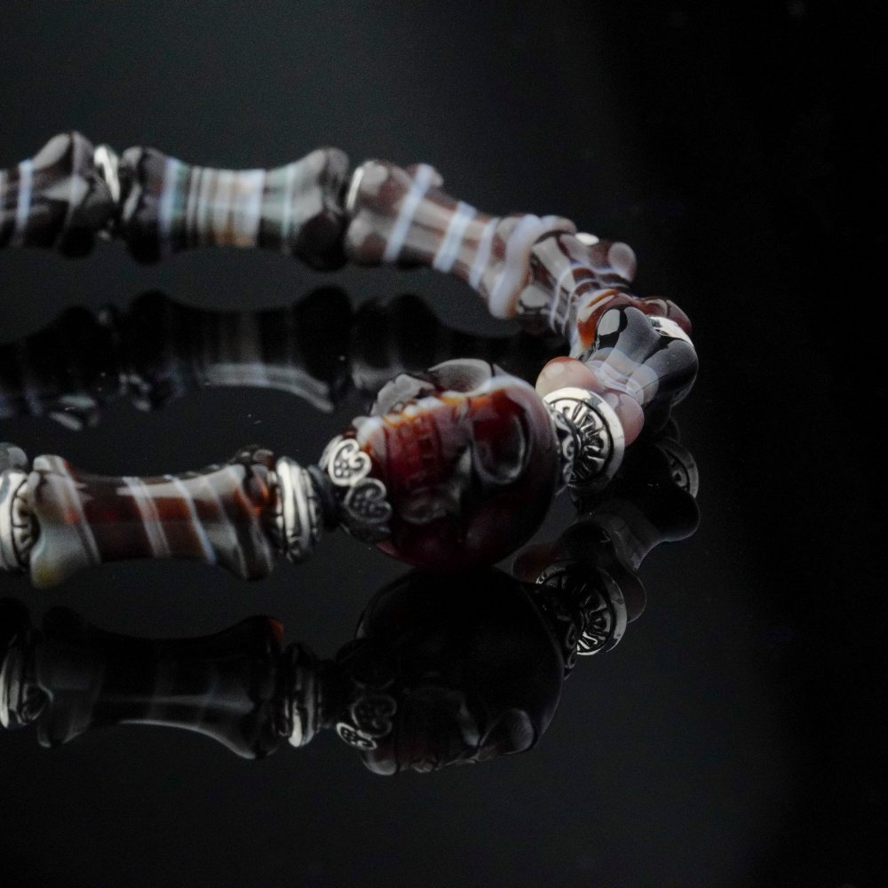 Groxiara | 'Ancestral Health' Hand-Carved Agate Skull & Bone Bracelet – Grounding & Vitality Talisman - 17cm (6.7")