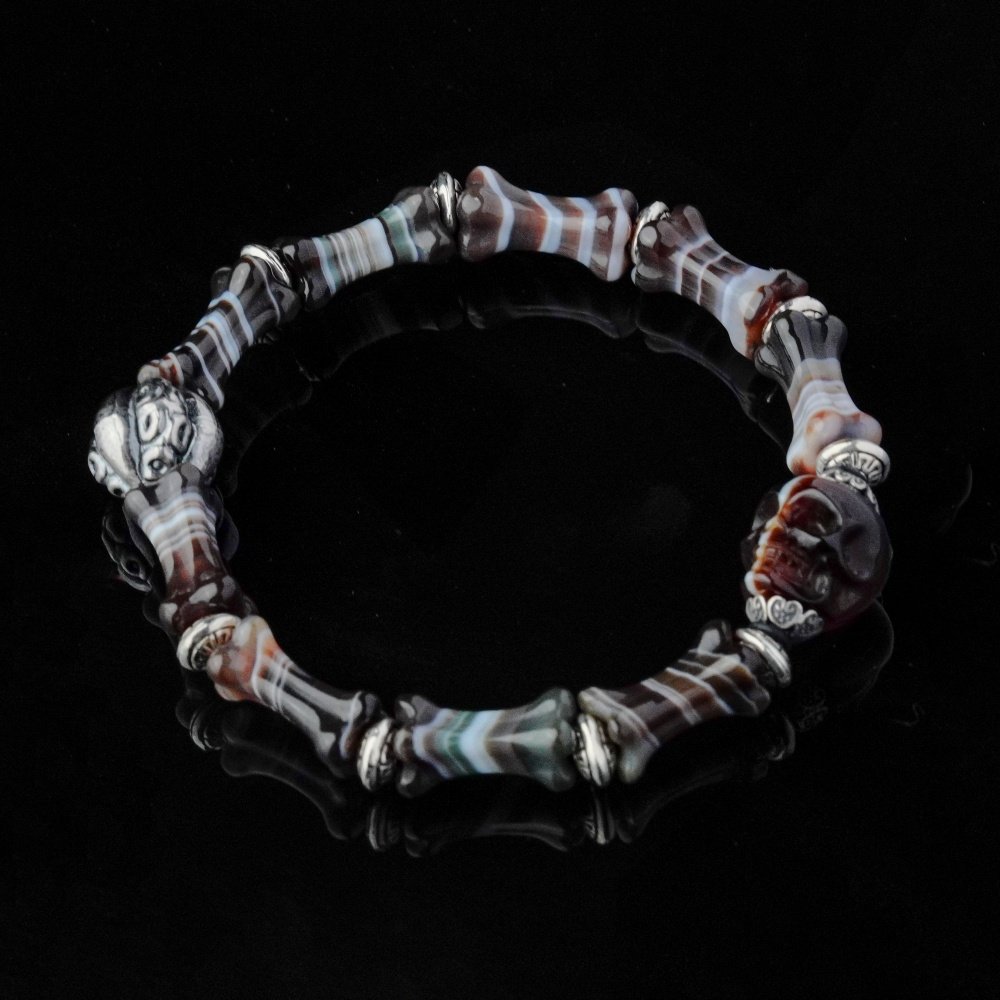 Groxiara | 'Ancestral Health' Hand-Carved Agate Skull & Bone Bracelet – Grounding & Vitality Talisman - 17cm (6.7")