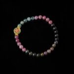 Groxiara | 'Rainbow Aura' Natural Multi-Color Tourmaline Bracelet with Artisan Enamel Brass Charm - 17cm (6.7")