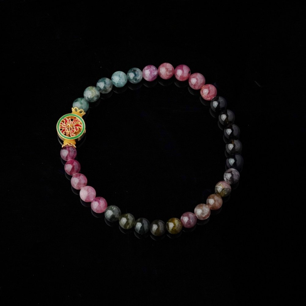 Groxiara | 'Rainbow Aura' Natural Multi-Color Tourmaline Bracelet with Artisan Enamel Brass Charm - 17cm (6.7")