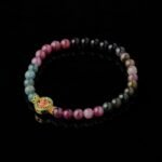 Groxiara | 'Rainbow Aura' Natural Multi-Color Tourmaline Bracelet with Artisan Enamel Brass Charm - 17cm (6.7")