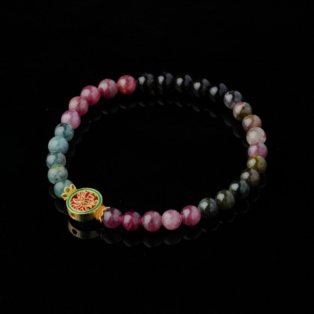 Groxiara | 'Rainbow Aura' Natural Multi-Color Tourmaline Bracelet with Artisan Enamel Brass Charm - 17cm (6.7")