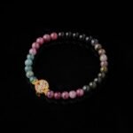 Groxiara | 'Rainbow Aura' Natural Multi-Color Tourmaline Bracelet with Artisan Enamel Brass Charm - 17cm (6.7")