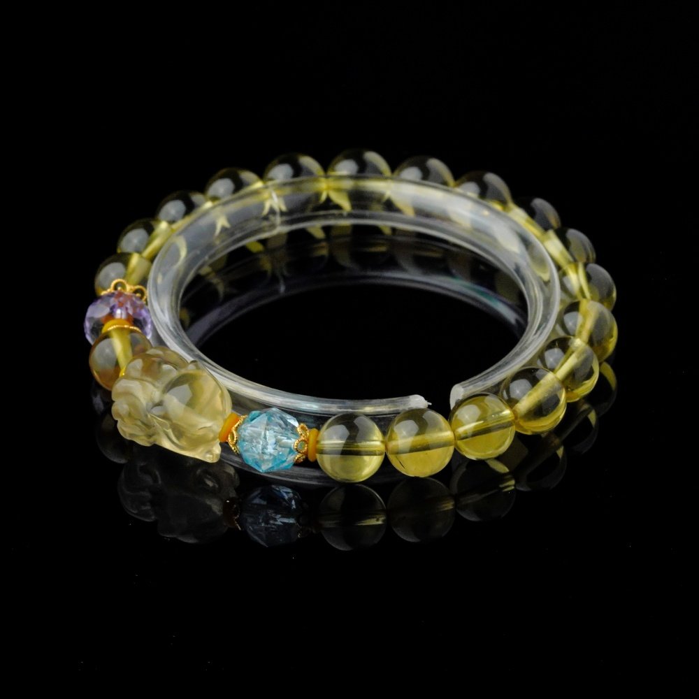 Groxiara | 'Golden Fox' Hand-Carved Citrine Wealth & Intuition Bracelet – Aquamarine & Amethyst Accents - 17cm (6.7")