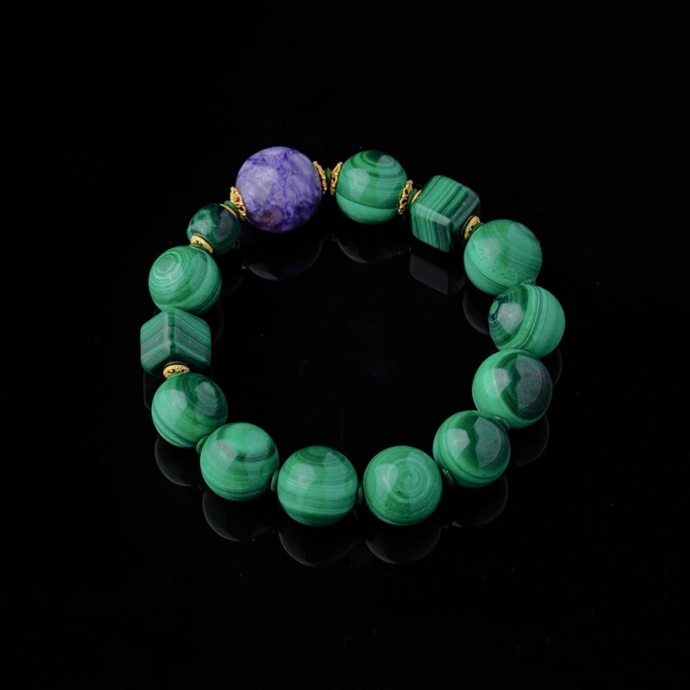 Groxiara | 'Radiant Vitality' Natural Malachite & Charoite Crystal Bracelet – The Stone of Transformation for Total Health - 17cm (6.7")