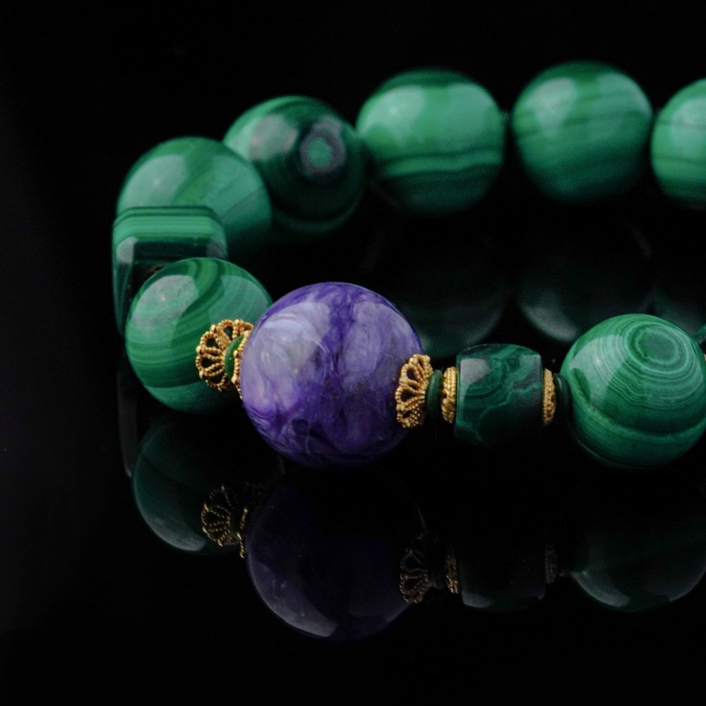Groxiara | 'Radiant Vitality' Natural Malachite & Charoite Crystal Bracelet – The Stone of Transformation for Total Health - 17cm (6.7")