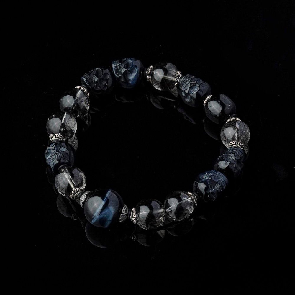 Groxiara | 'Shadow Guardian' Black Rutilated Quartz & Carved Onyx Skull Bracelet – Blue Tiger's Eye Protection - 17cm (6.7")