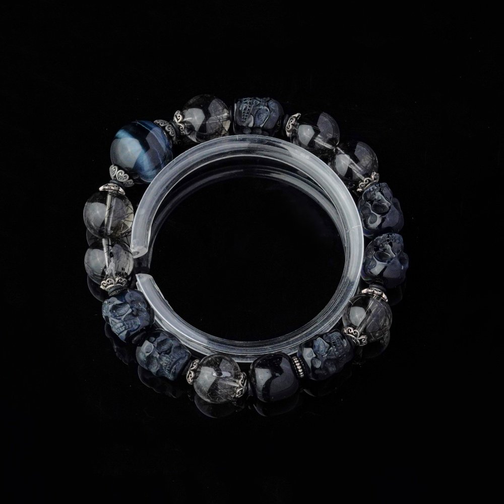 Groxiara | 'Shadow Guardian' Black Rutilated Quartz & Carved Onyx Skull Bracelet – Blue Tiger's Eye Protection - 17cm (6.7")