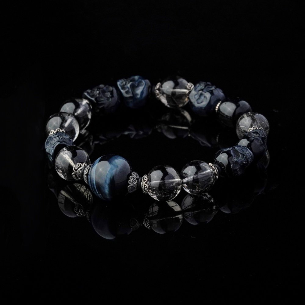 Groxiara | 'Shadow Guardian' Black Rutilated Quartz & Carved Onyx Skull Bracelet – Blue Tiger's Eye Protection - 17cm (6.7")