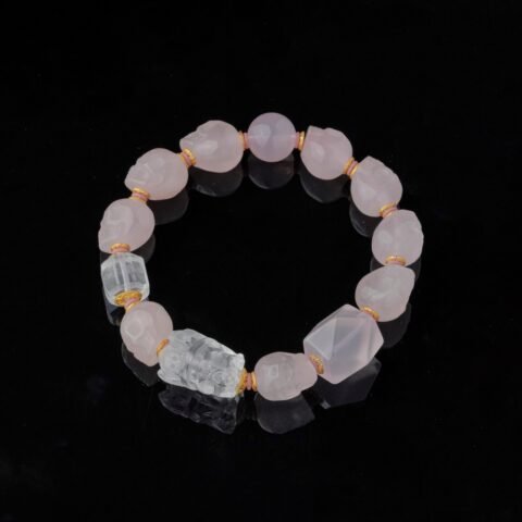 Groxiara | 'Everlasting Love' Hand-Carved Rose Quartz & Clear Quartz Skull Bracelet - Manifesting Soulmate Energy - 17cm (6.7")