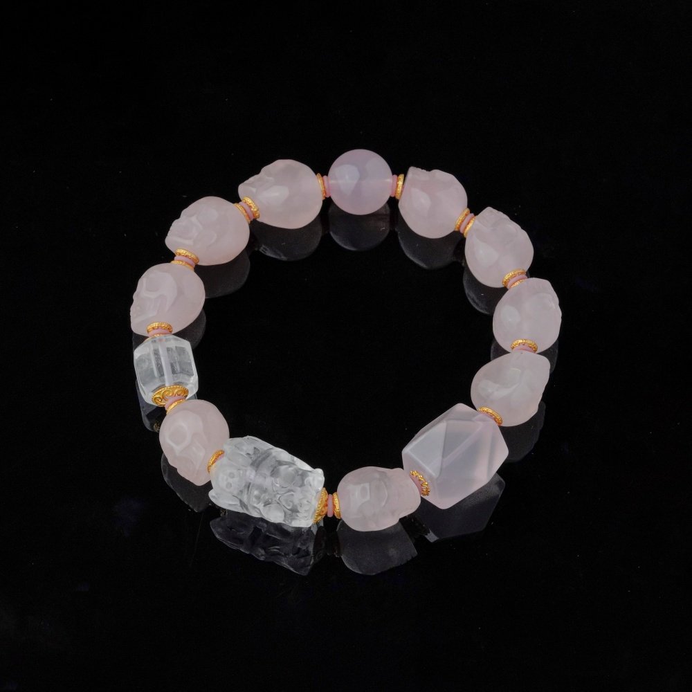 Groxiara | 'Everlasting Love' Hand-Carved Rose Quartz & Clear Quartz Skull Bracelet - Manifesting Soulmate Energy - 17cm (6.7")