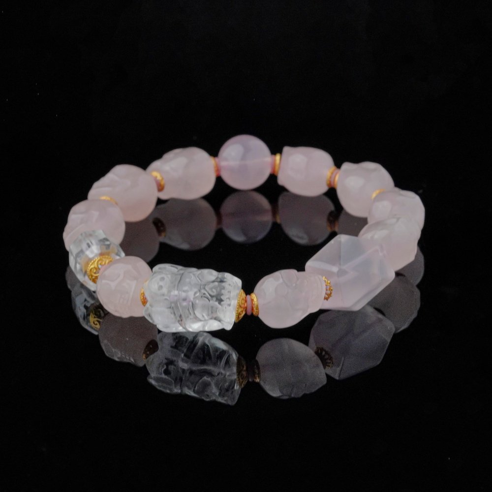 Groxiara | 'Everlasting Love' Hand-Carved Rose Quartz & Clear Quartz Skull Bracelet - Manifesting Soulmate Energy - 17cm (6.7")