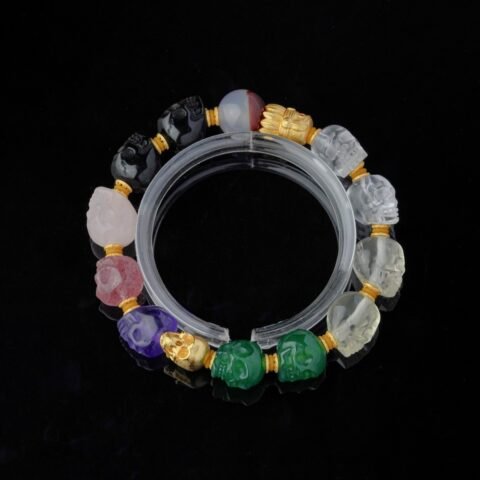 Groxiara | 'The Spectrum Soul' Multi-Gemstone Hand-Carved Skull Bracelet – 18K Gold Vermeil S925 Silver Accents - 17cm (6.7")