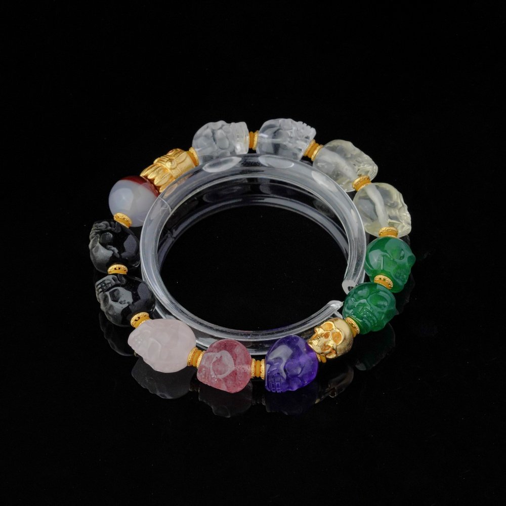 Groxiara | 'The Spectrum Soul' Multi-Gemstone Hand-Carved Skull Bracelet – 18K Gold Vermeil S925 Silver Accents - 17cm (6.7")