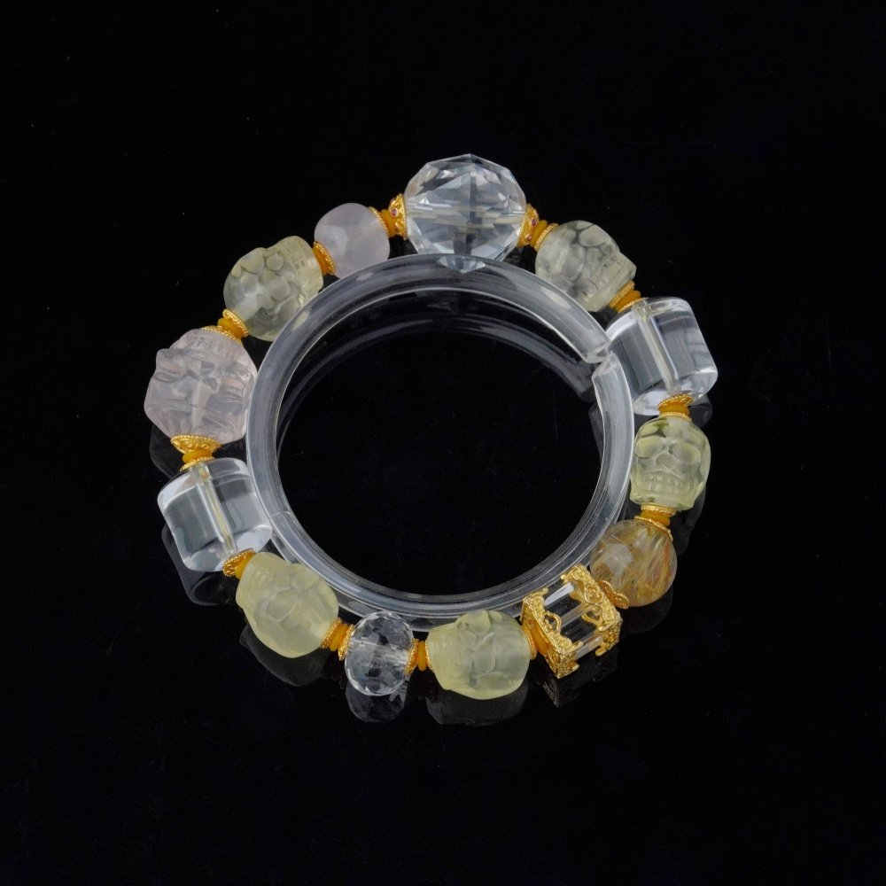 Groxiara | 'The Golden Vision' Hand-Carved Citrine Skull & Golden Rutilated Quartz Bracelet with Clear Quartz Cubes - 17cm (6.7")