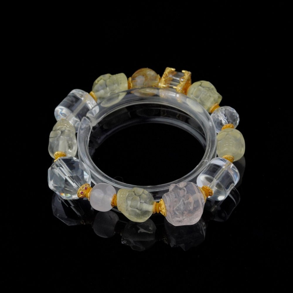 Groxiara | 'The Golden Vision' Hand-Carved Citrine Skull & Golden Rutilated Quartz Bracelet with Clear Quartz Cubes - 17cm (6.7")