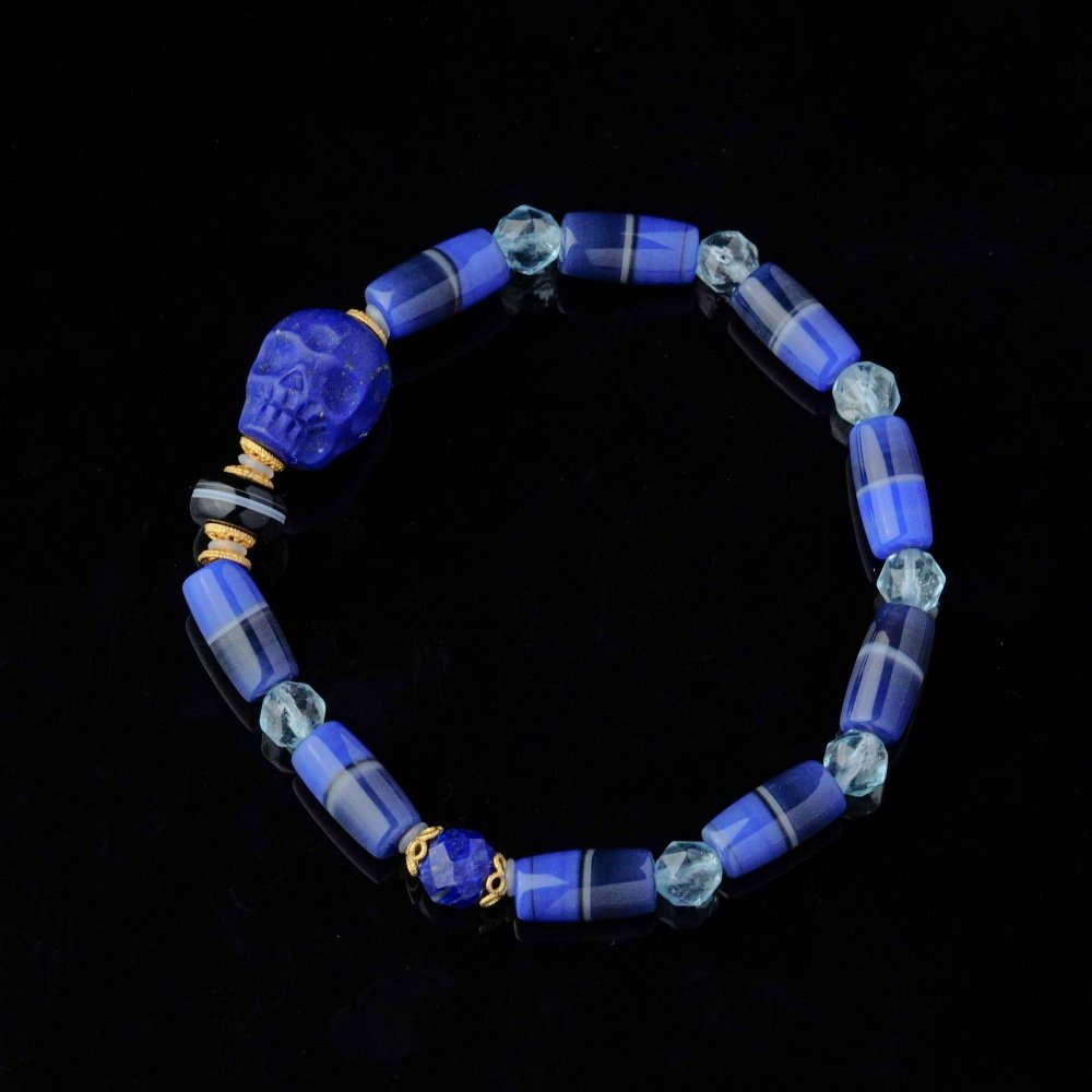 Groxiara | 'The Guardian' Hand-Carved Lapis Lazuli Skull, Aquamarine & Agate Protection Bracelet - 17cm (6.7")