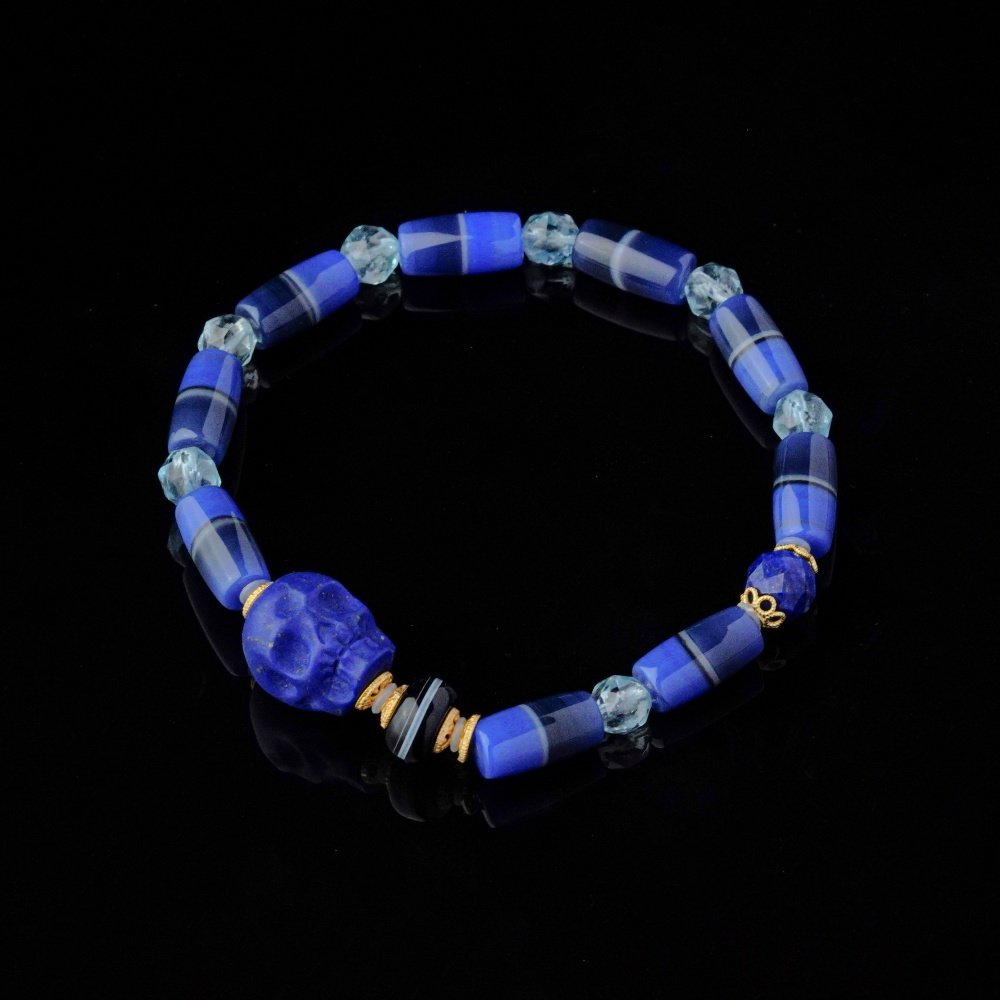 Groxiara | 'The Guardian' Hand-Carved Lapis Lazuli Skull, Aquamarine & Agate Protection Bracelet - 17cm (6.7")
