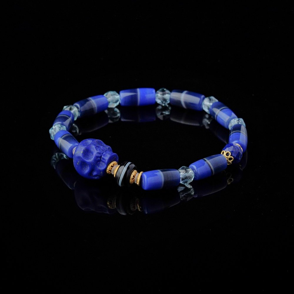 Groxiara | 'The Guardian' Hand-Carved Lapis Lazuli Skull, Aquamarine & Agate Protection Bracelet - 17cm (6.7")